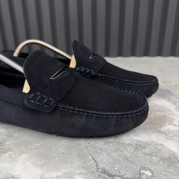Louis Vuitton Shade Damier Embossed Driving Moccasin Blue Suede 8 LV 9 US 42 EUR - Picture 8 of 17